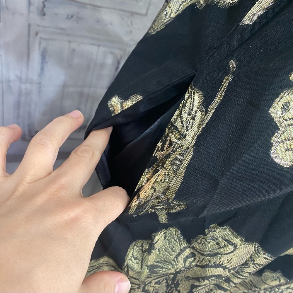 Alex Marie Black Gold Mock Neck Puff Sleeve Midi Dress Belted Pockets Cocktail - Picture 9 of 16